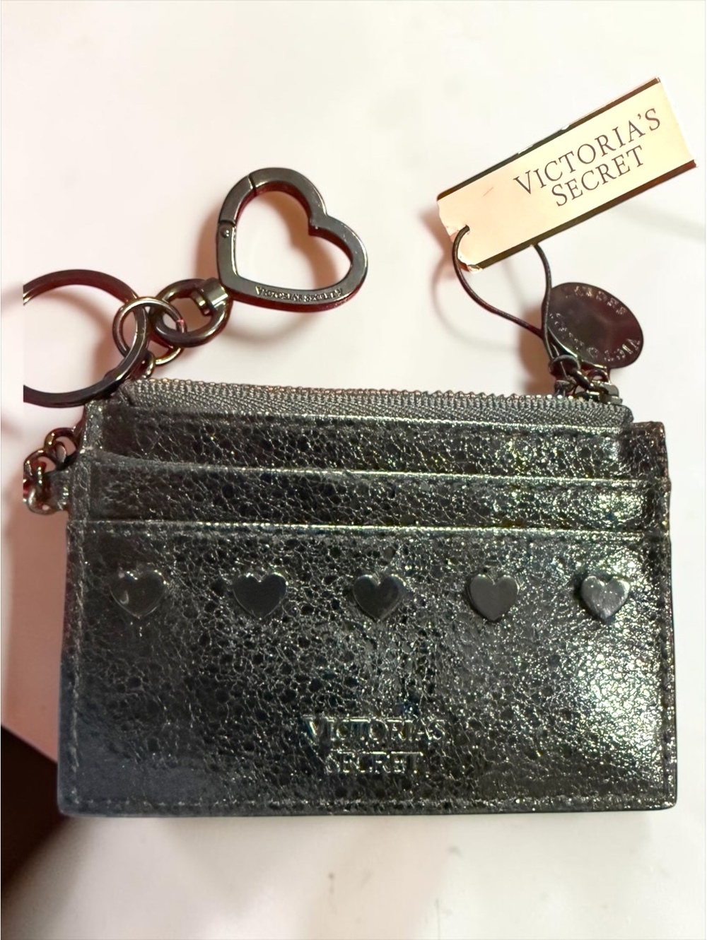 NWT Victoria’s Secret Black Metallic Heart Card Case Keychain Wallet 11123324